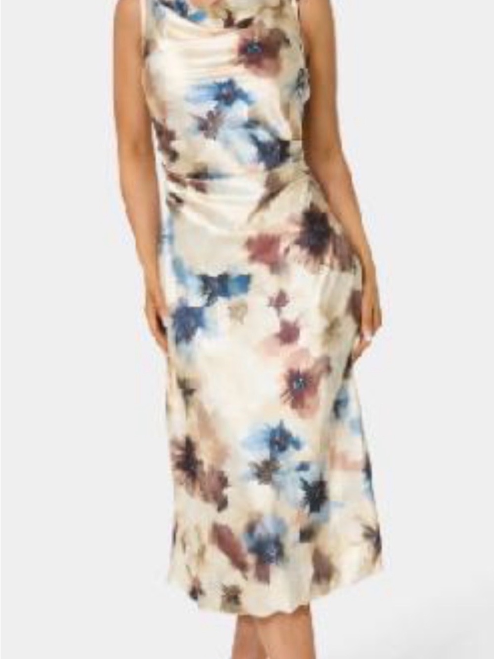 bebe Cream Floral Midi Slip Dress with Blue and Mauve Blooms